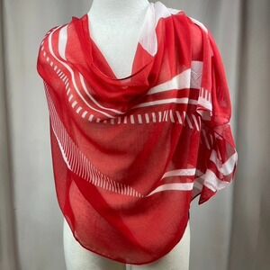 LAUREN By‎ Ralph Lauren Geo Rectangle Scarf 26" X 70" Wool Blend Red White Sheer